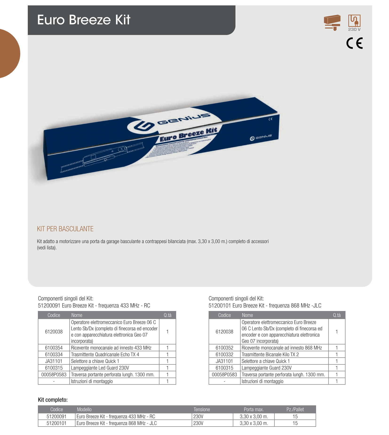 Kit Automazione Porte Garage Basculanti GENIUS FAAC EURO BREEZE RC 230V 51200091